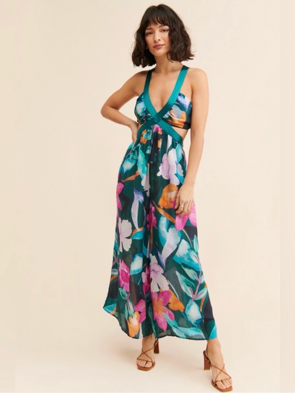 Anthropologie Teal Multi Floral Cutout Jumpsuit (Brinley V-Neck Jumpsuit)